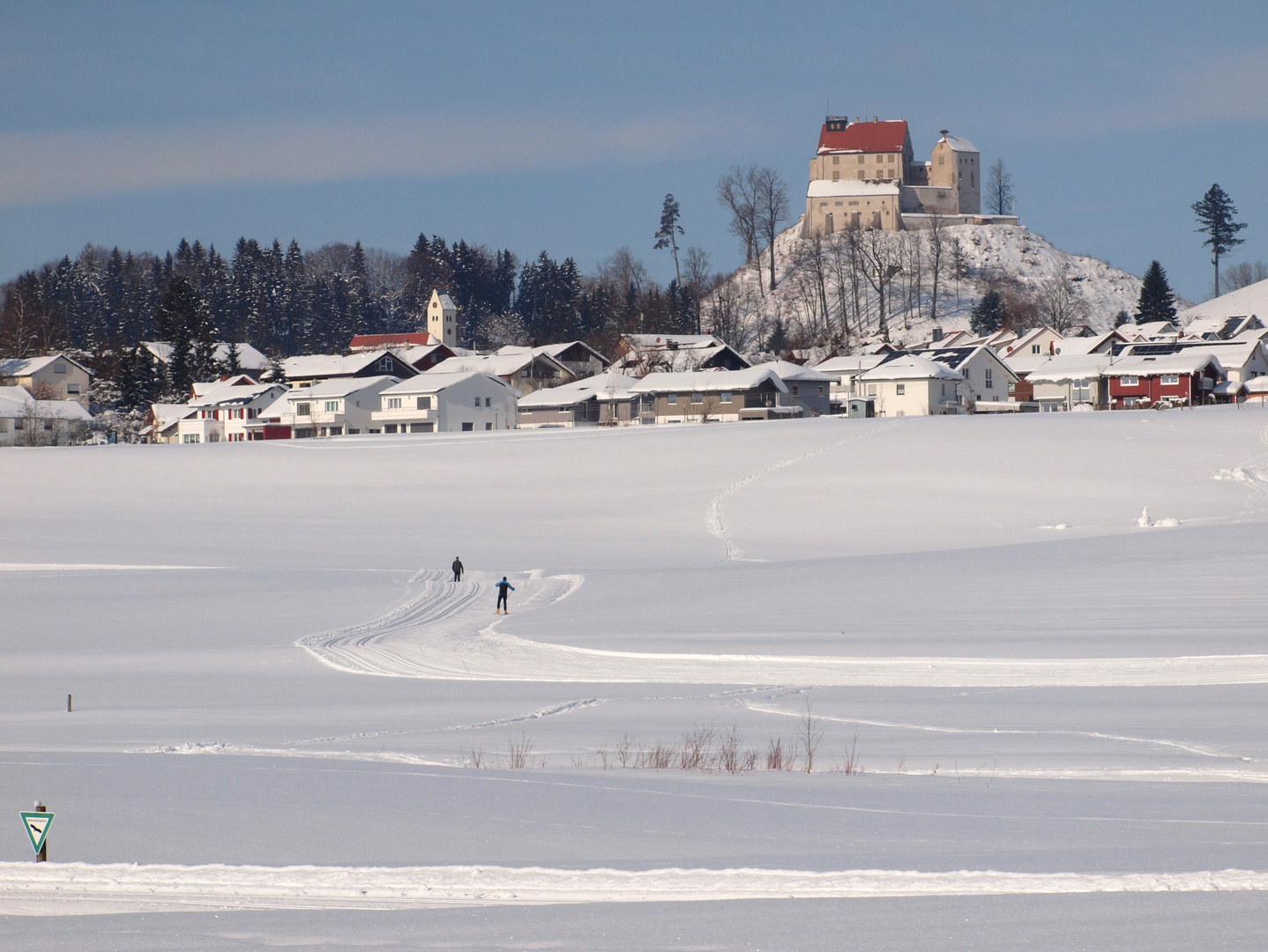 Winterlandschaft bei Ort und Burg/Schloss Waldburg