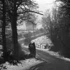 Winterliche Straße im Wald sw