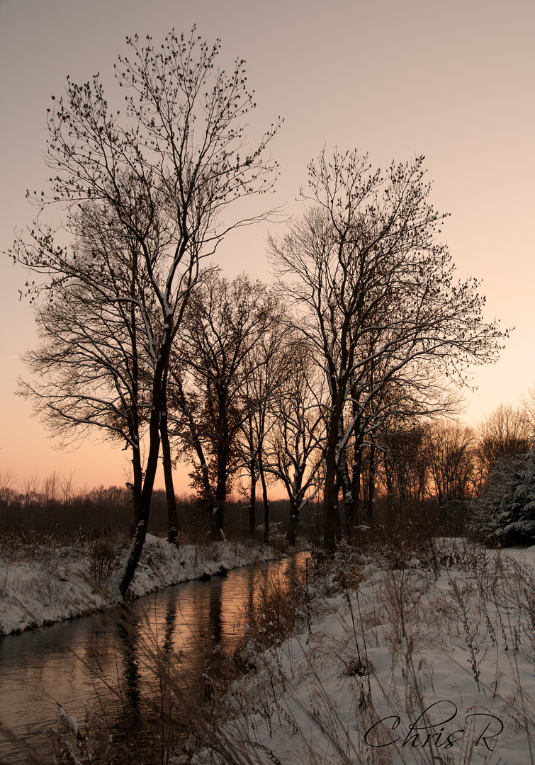 Winterlicher Sonnenuntergang am Bach