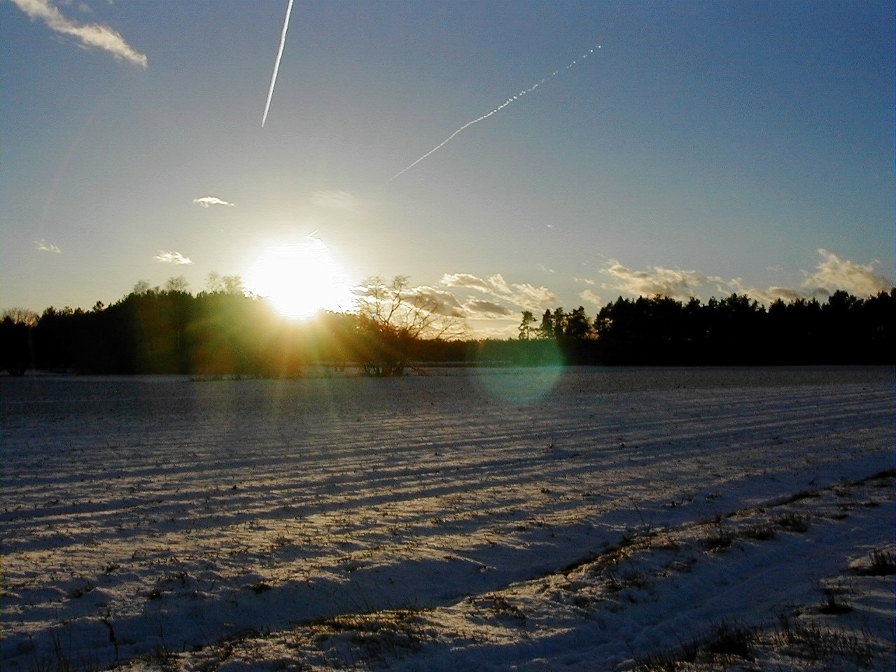 winterlicher Sonnenuntergang über dem Feld