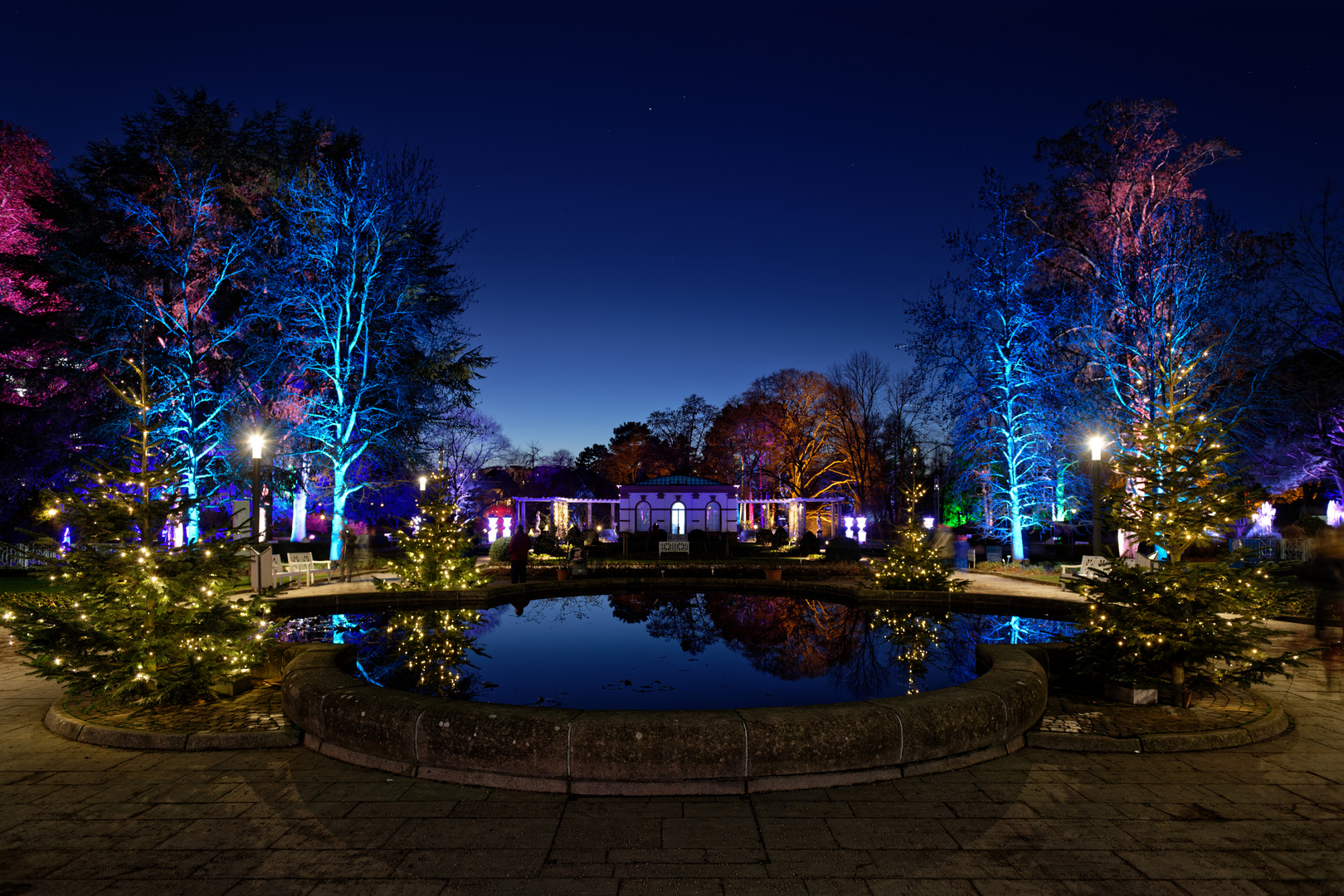 Winterlichter 2018/2019 im Palmengarten Frankfurt - Haus Rosenbrunn mit Zierbrunnen