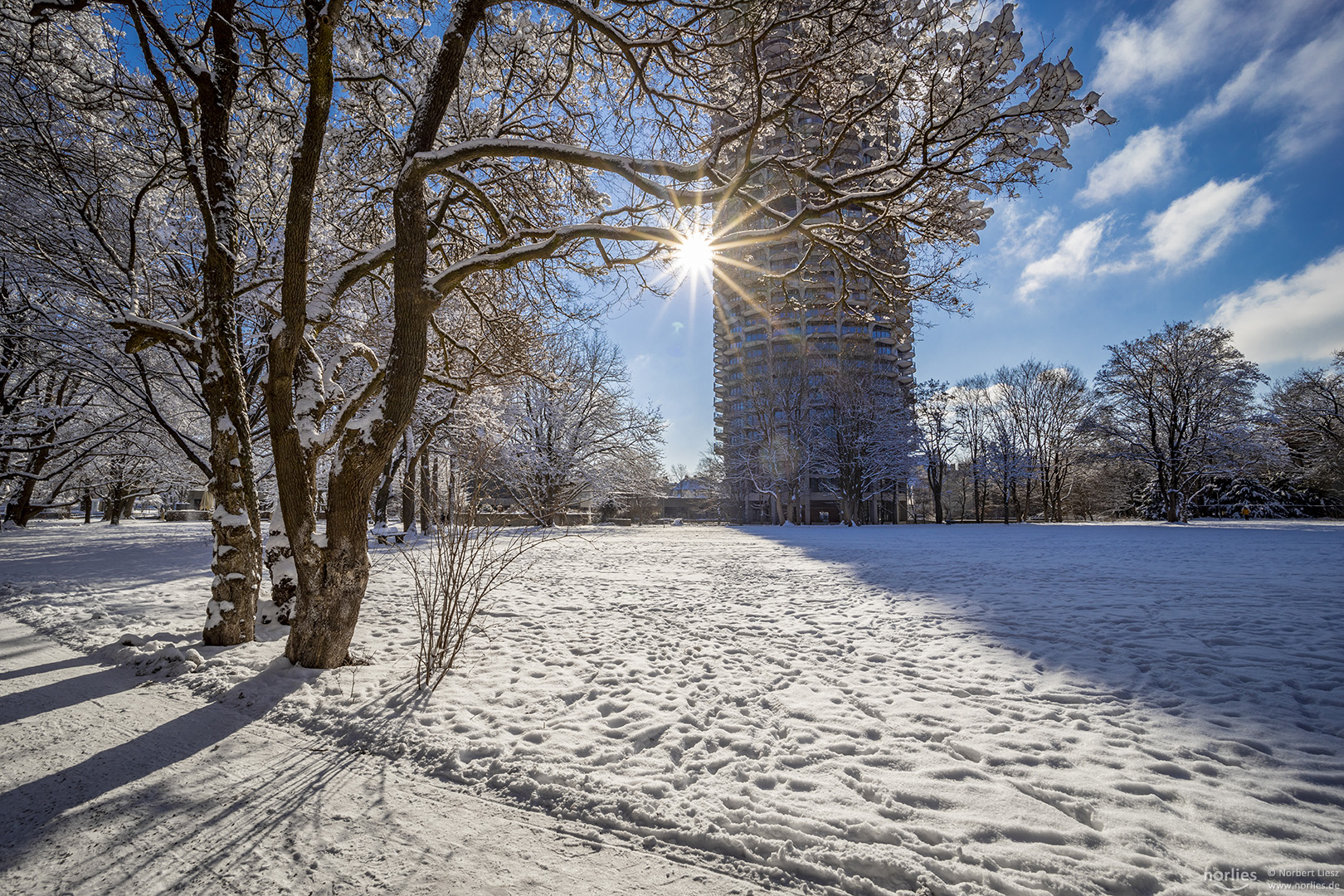 Winterpark mit Hotelturm