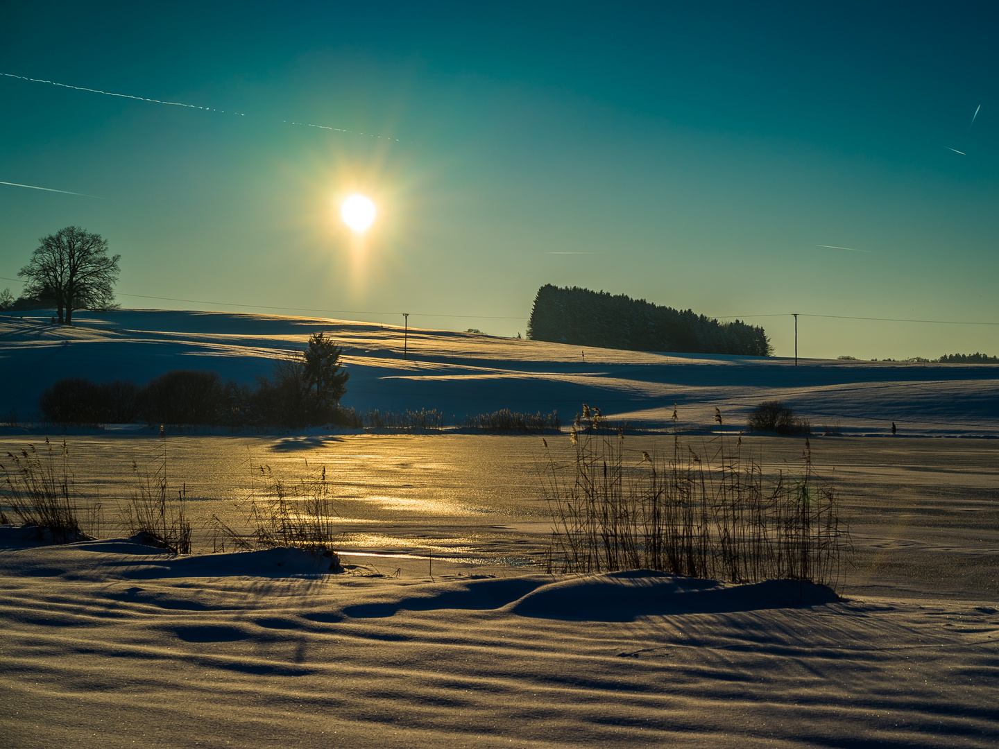 Wintersonne über zugefrorenem Weiher