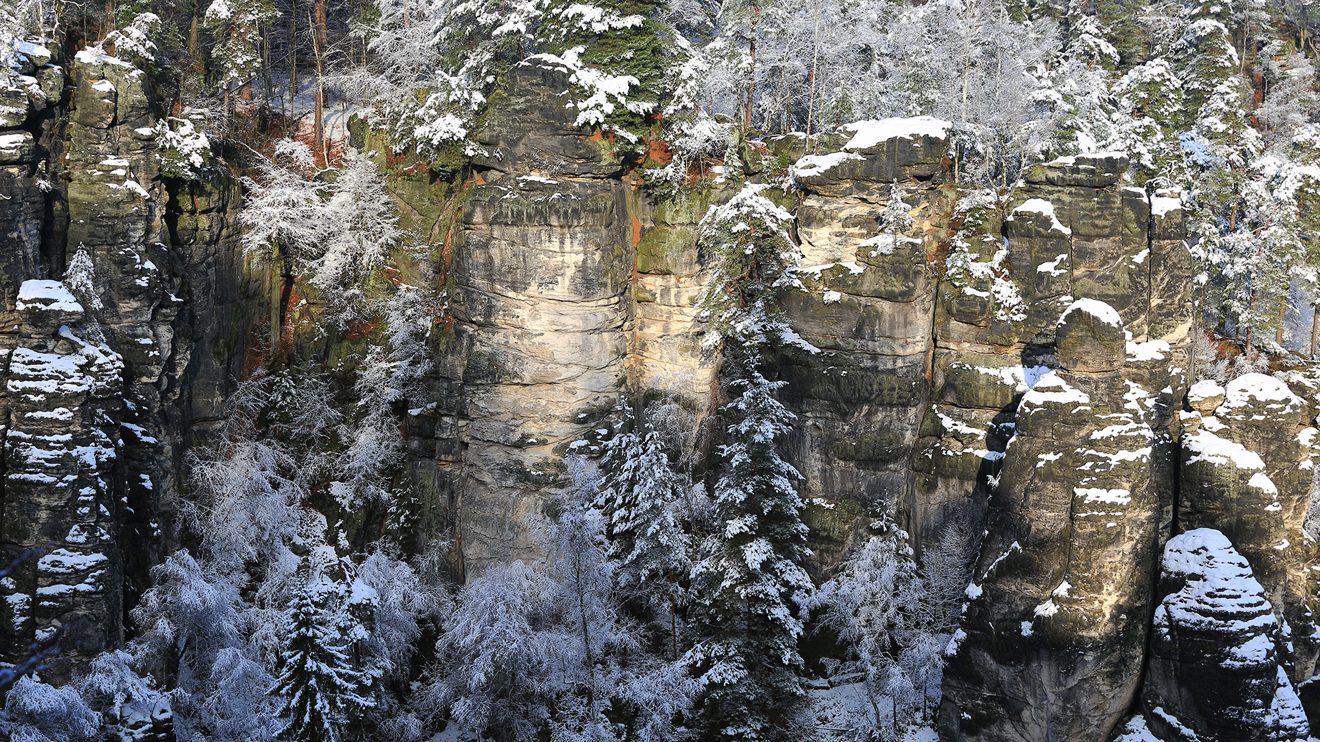 Wintersonne und Schnee auf den Sandsteinen...