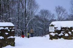 Winterspaziergang Der rote Schlitten