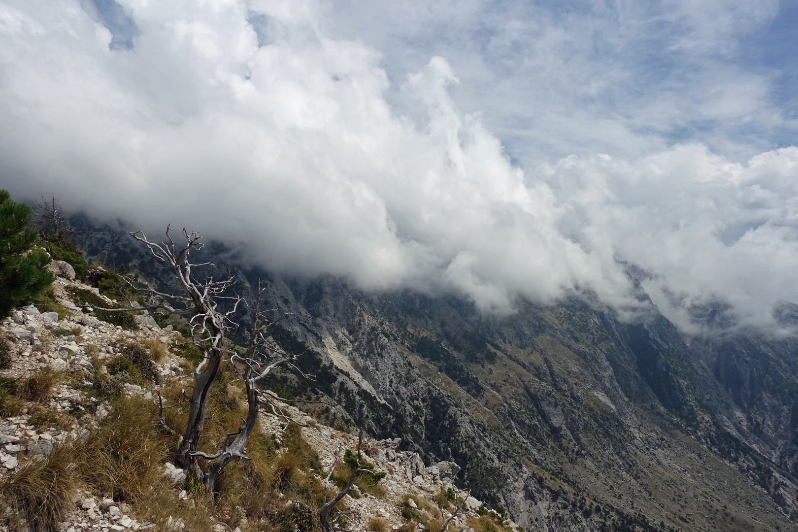 Wolkenverhangen die Gipfel des Nationalparks Llogara