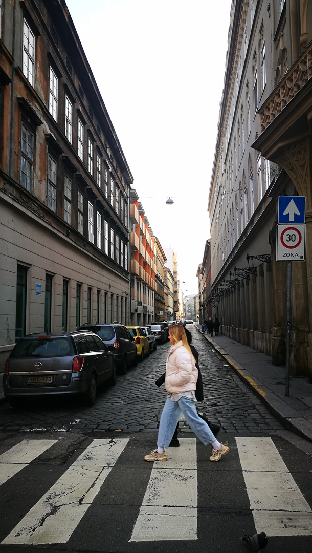 woman crossing zebra in Budapest