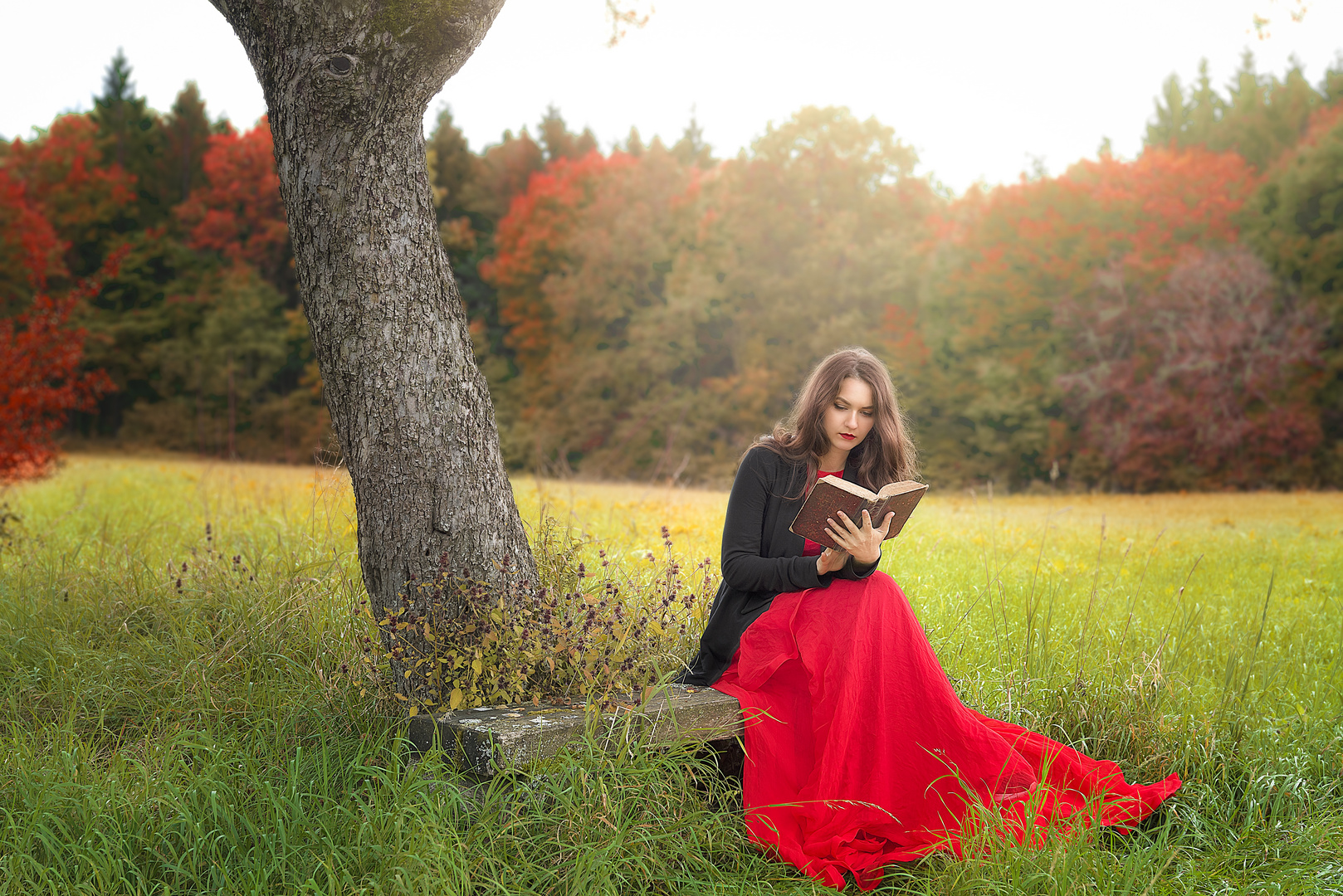 Woman in red dress reading outside