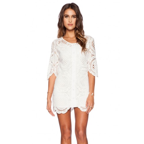 Women's White Half Sleeves Sheer Back Slim Round Neck Lace Clubwear Cocktail Dress