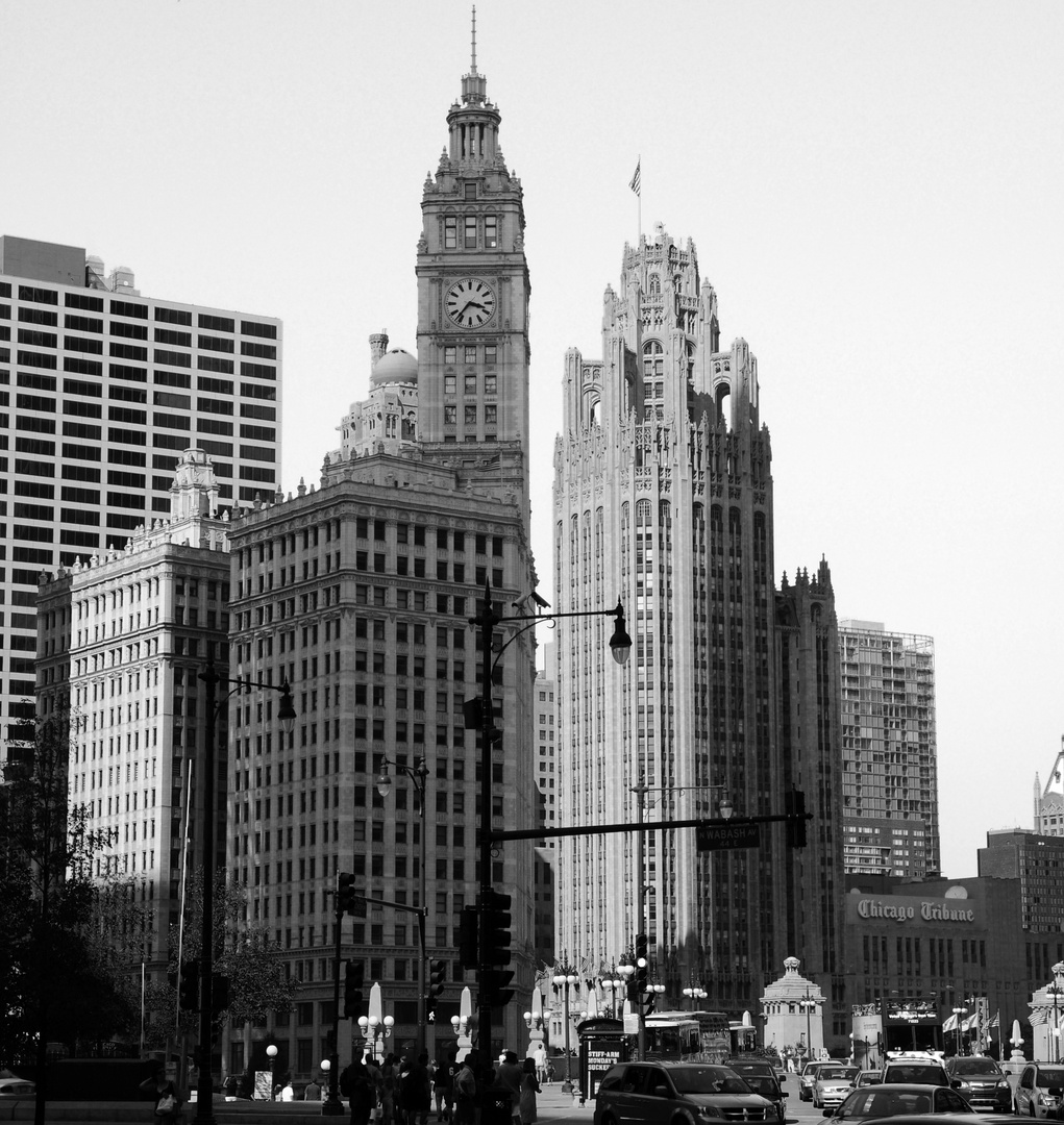 Wrigley Building next to Chicago Tribune