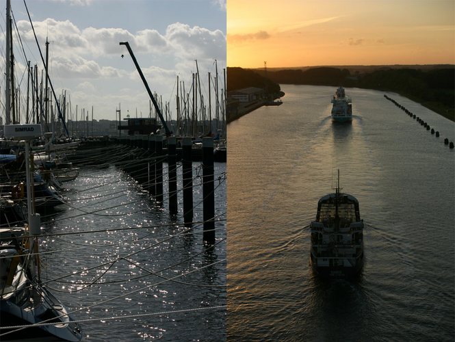 Yachthafen und Schiffe nach dem Einfahren in den Nord-Ostseekanal