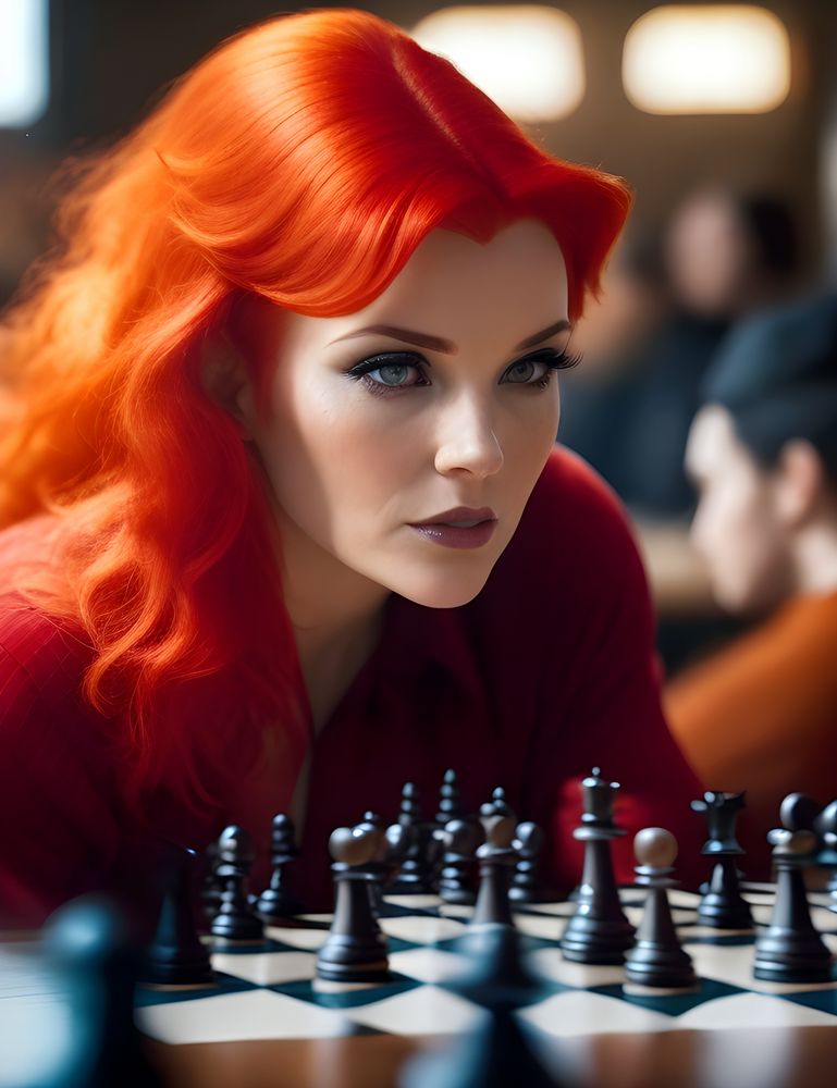 Young woman playing chess