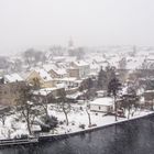 Zehdenick aus der Luft im Schneegestöber