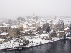 Zehdenick aus der Luft im Schneegestöber