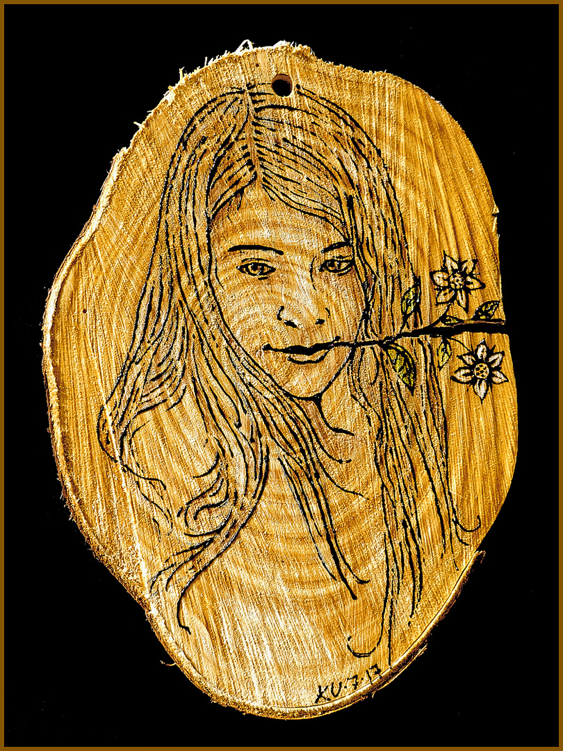 Zeichnung auf Holz: "Mädchen"  /  disegno su legno: "ragazza"