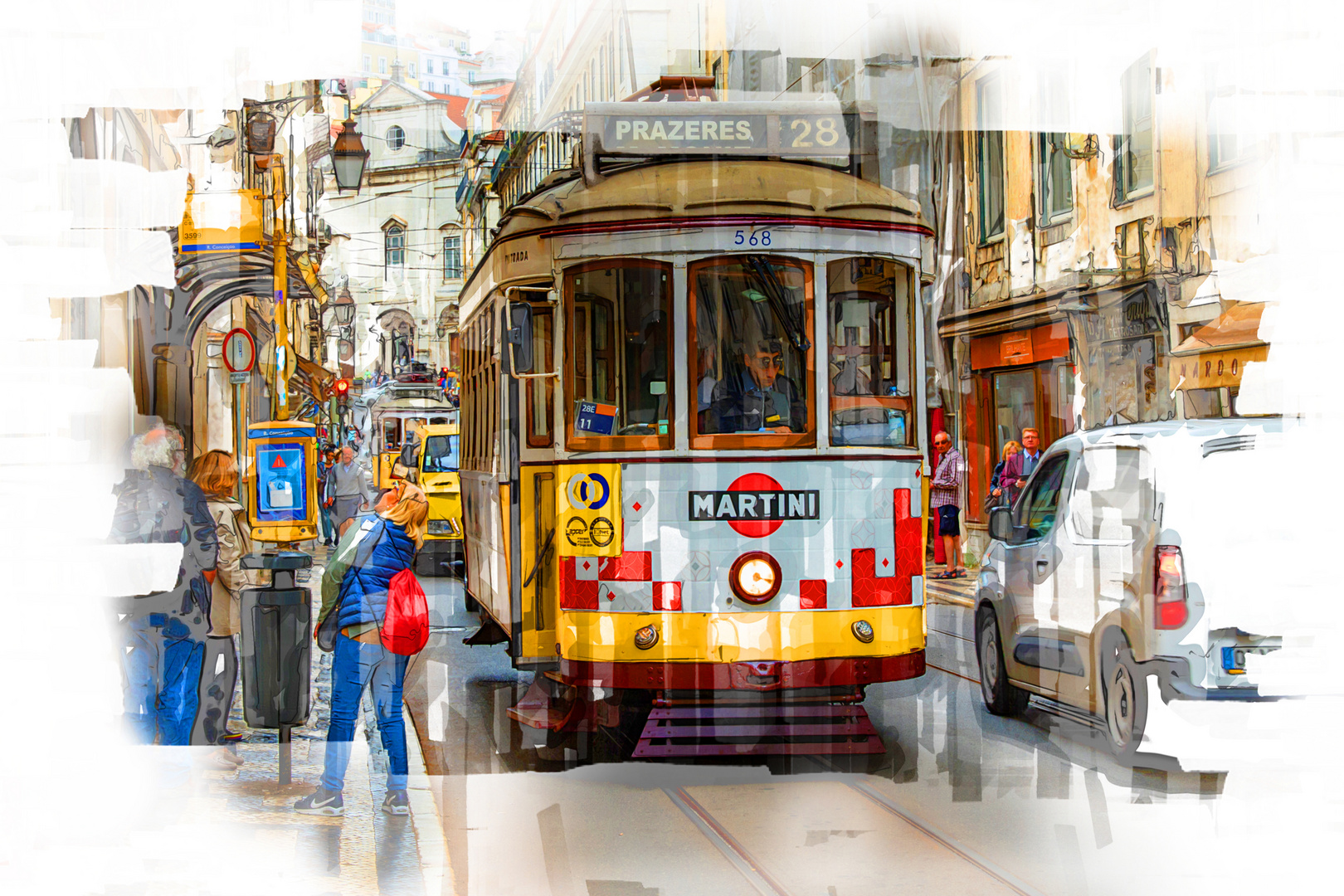 Zeichnung, Stadtrundfahrt mit der Tram Nr. 28, Lissabon