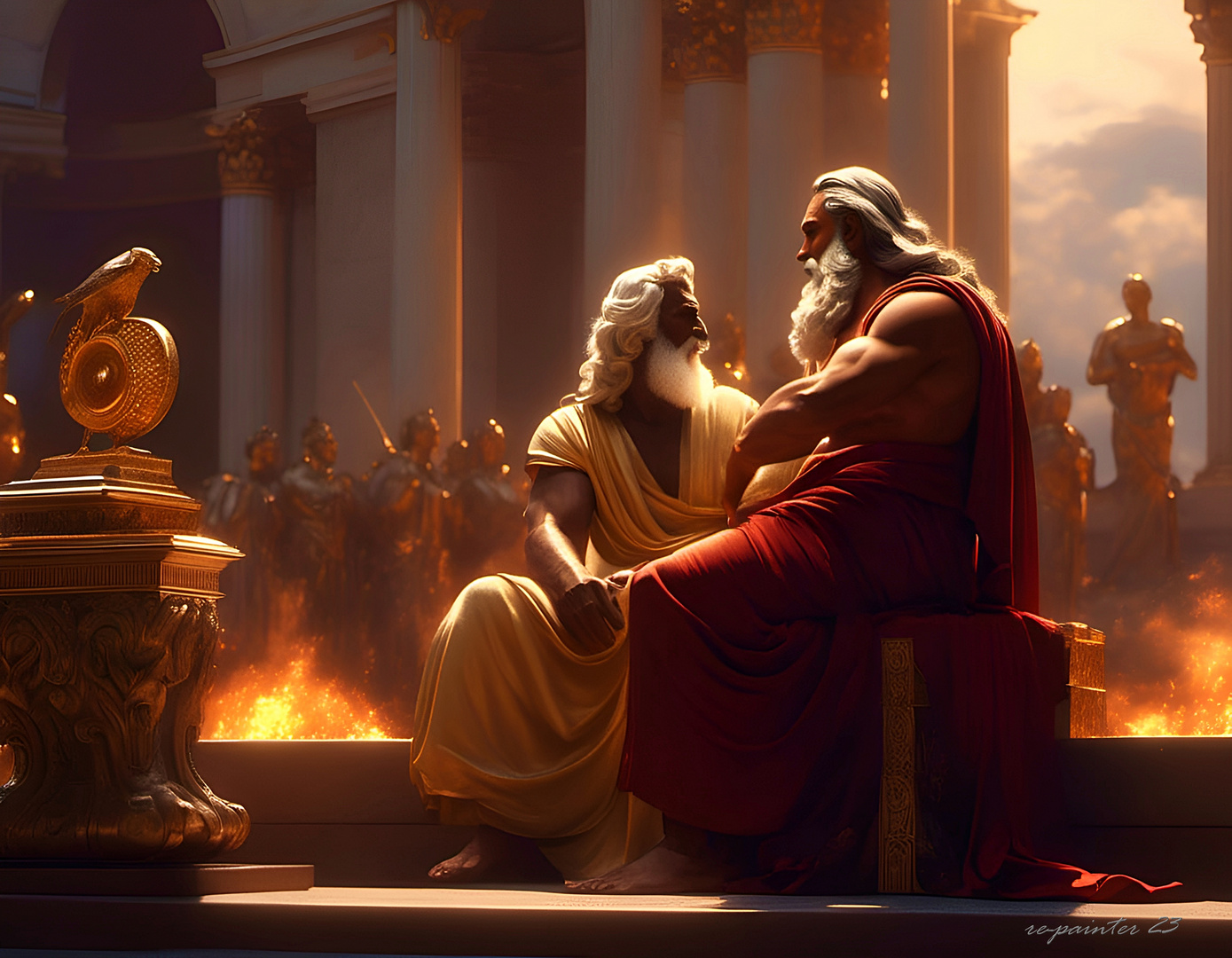 Zeus discute avec son père Kronos