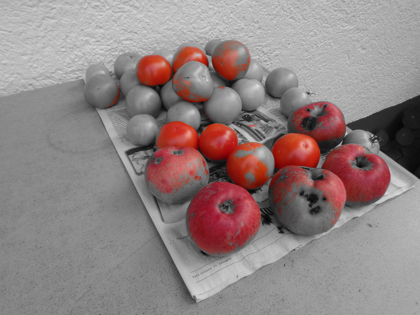 Zum Reifen ausgelegte Tomaten und Äpfel