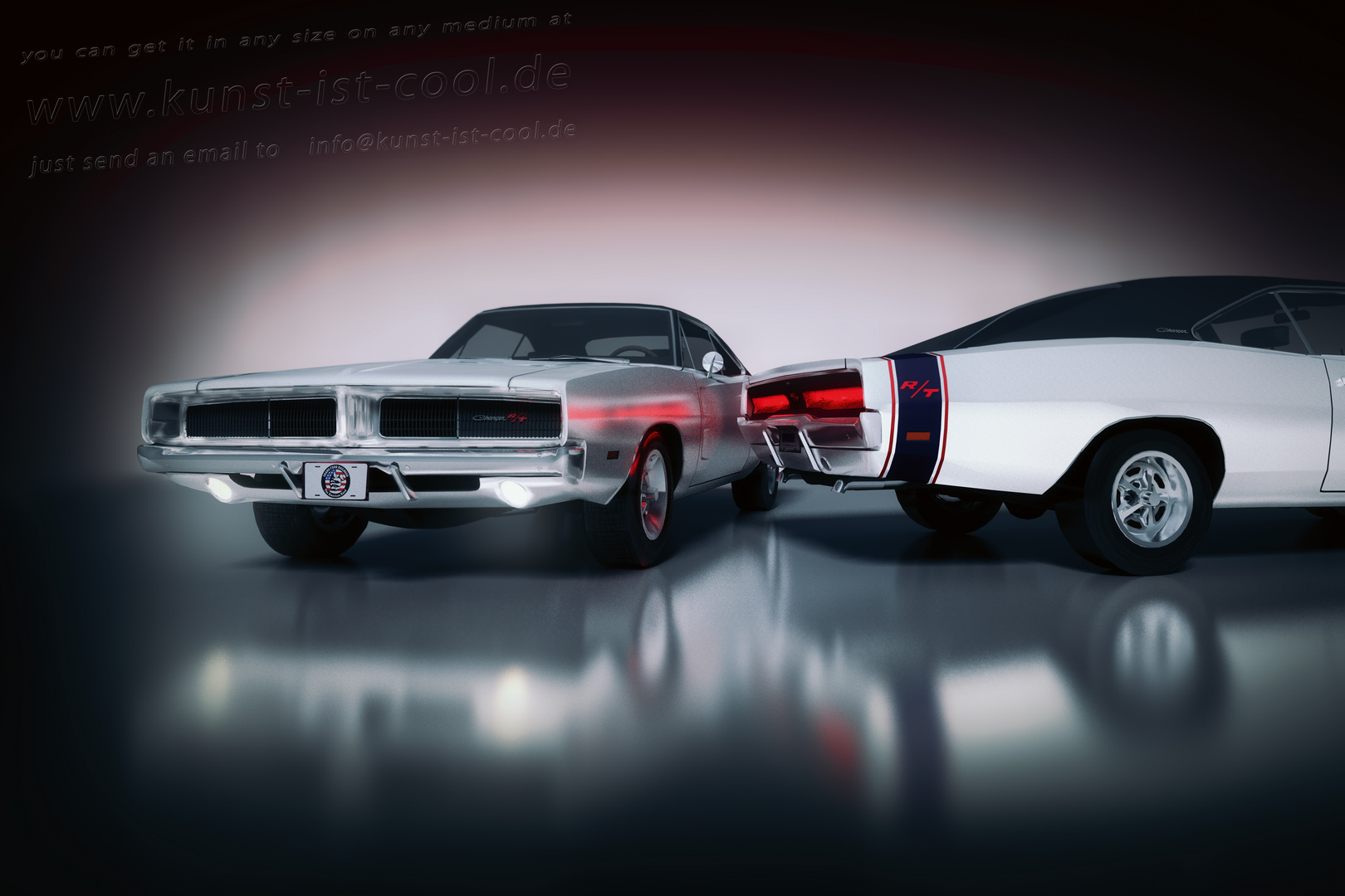 Zwei Dodge Charger 1969 mit Spiegelungen