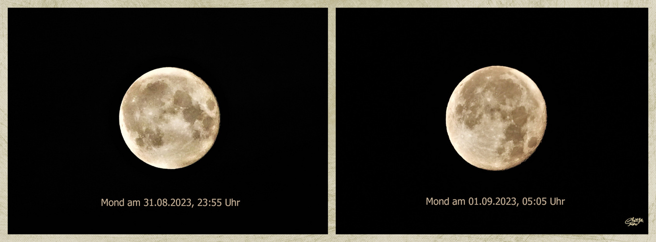 Zwei Fotos vom Mond mit 5 Stunden Unterschied.