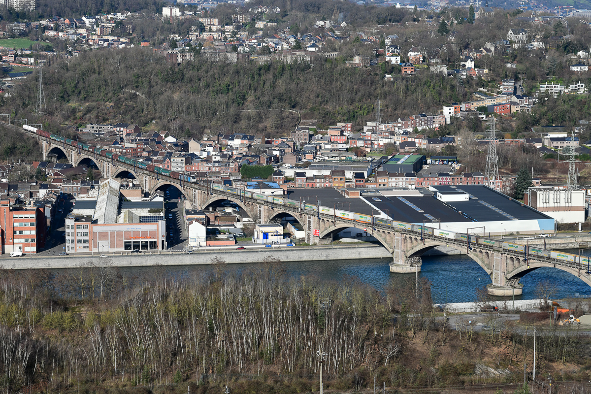 Zwei Güterzüge auf der Brücke von Sclessin (B)